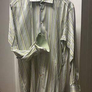 Thomas Dean Green and Blue Dress Shirt with Striped Pattern and Long Sleeves